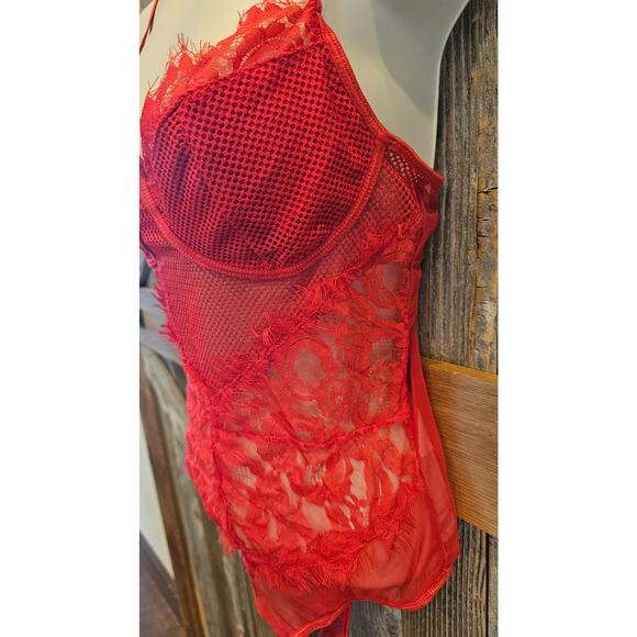 NWT kaei & shi see through lace red thong bodysuit lingerie sexy L lace intimate - Picture 6 of 9